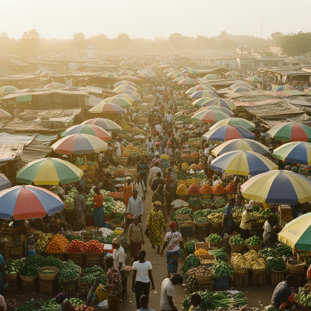 A high-angle view of a large, bustling open-air marketplace in Lagos with colorful umbrellas and organized chaos.