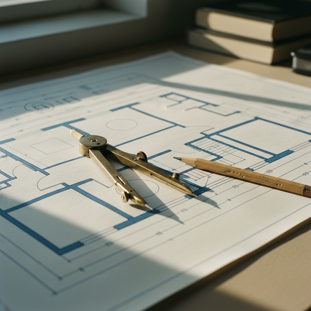 A high-quality close-up of a vintage analog drafting table with a clean architectural blueprint and a heavy brass compass. High-contrast morning light. Evanescent dust particles in the air.