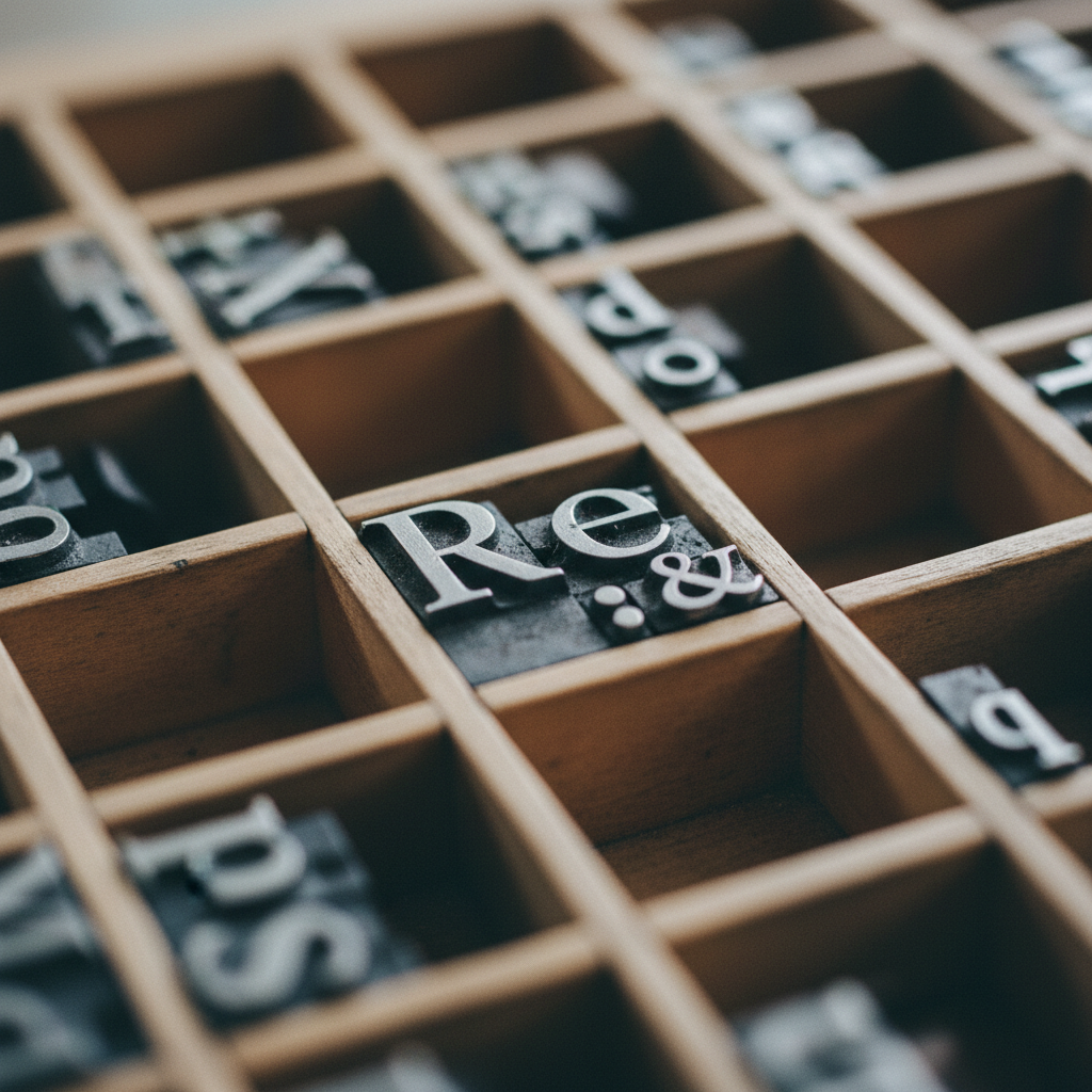 A macro shot of lead type blocks from an old printing press, neatly arranged in a wooden tray. Focus on 'DATA' or 'FACT' if possible, or just the textures of the metal letters. Studio lighting.