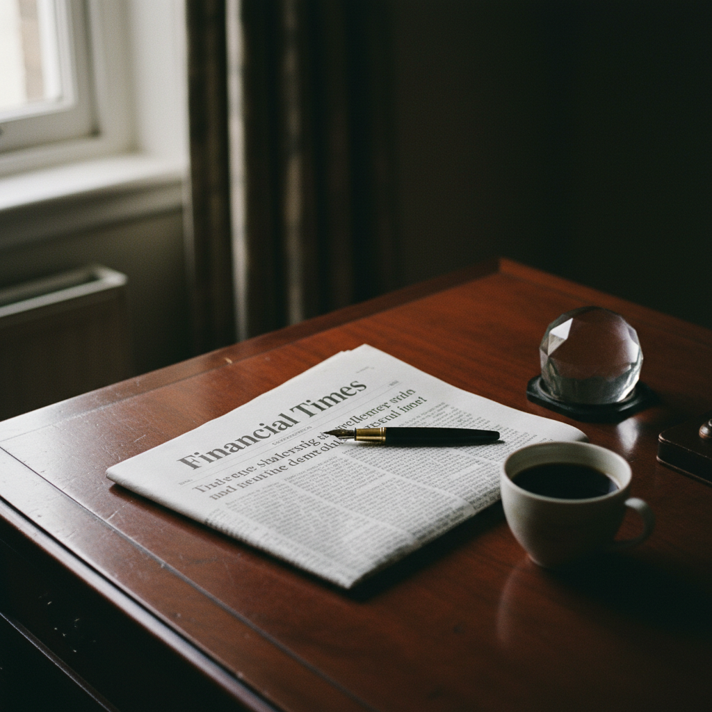 A professional desk in a London office with a physical broadsheet newspaper, a leather-bound notebook, and a pair of spectacles under morning light.