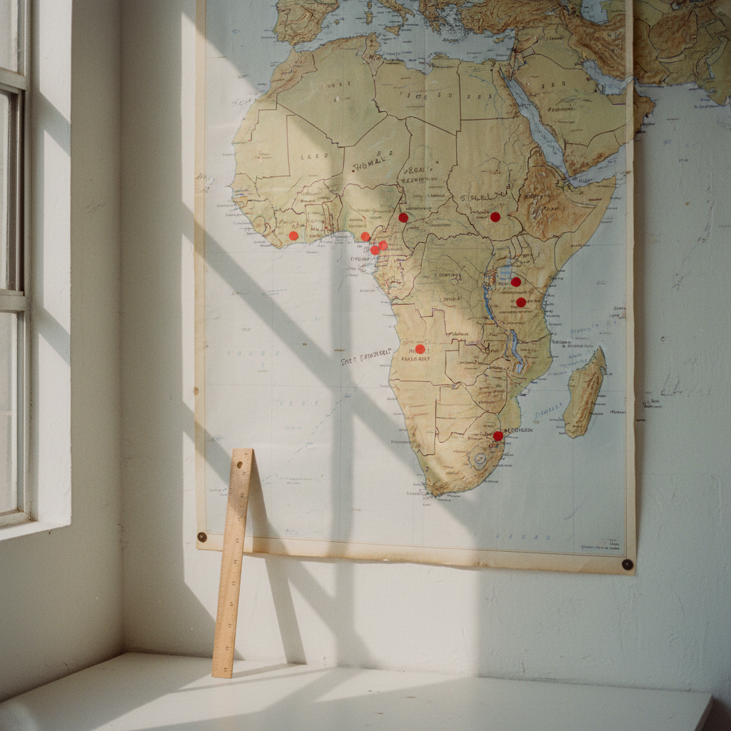 A detailed wall map of West Africa with hand-drawn annotations and pinned markers in a bright, modern workshop space.