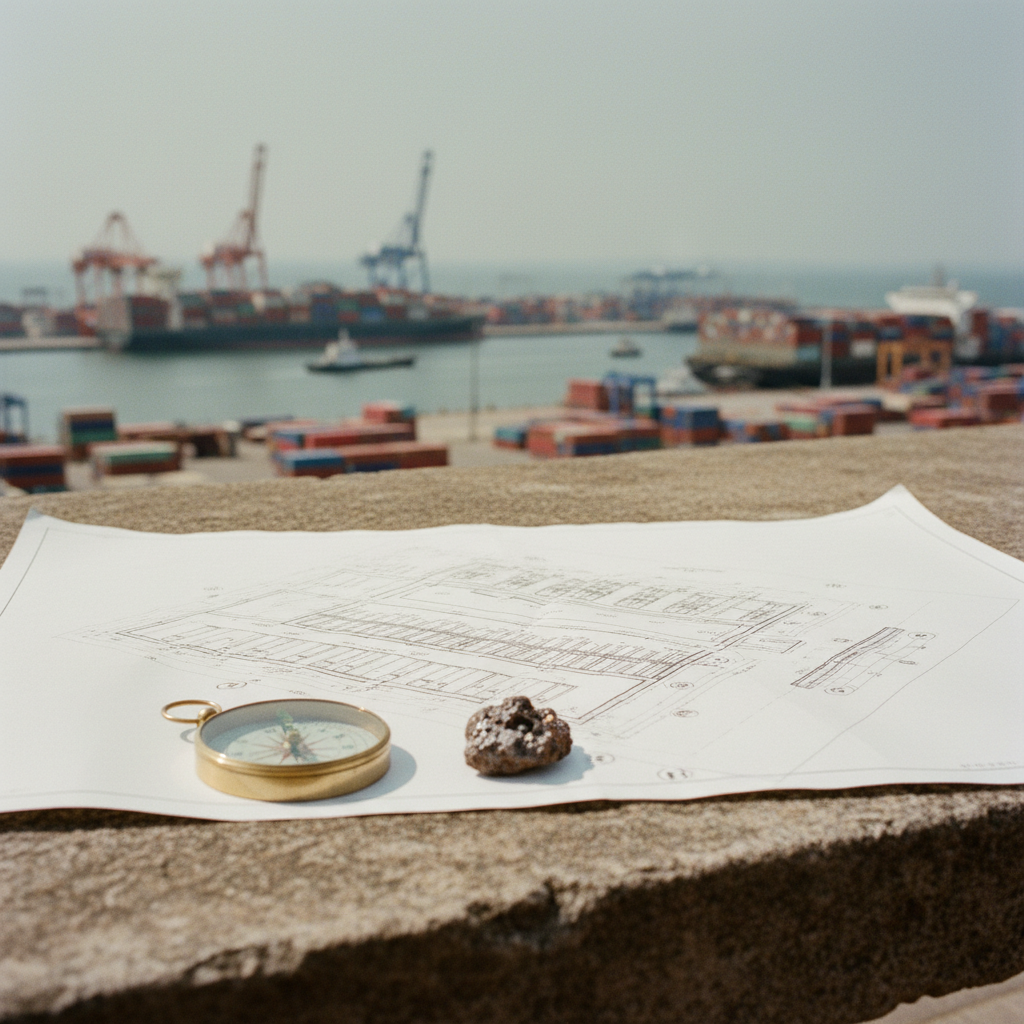 Architectural blueprints and a compass lying on a weathered stone table.