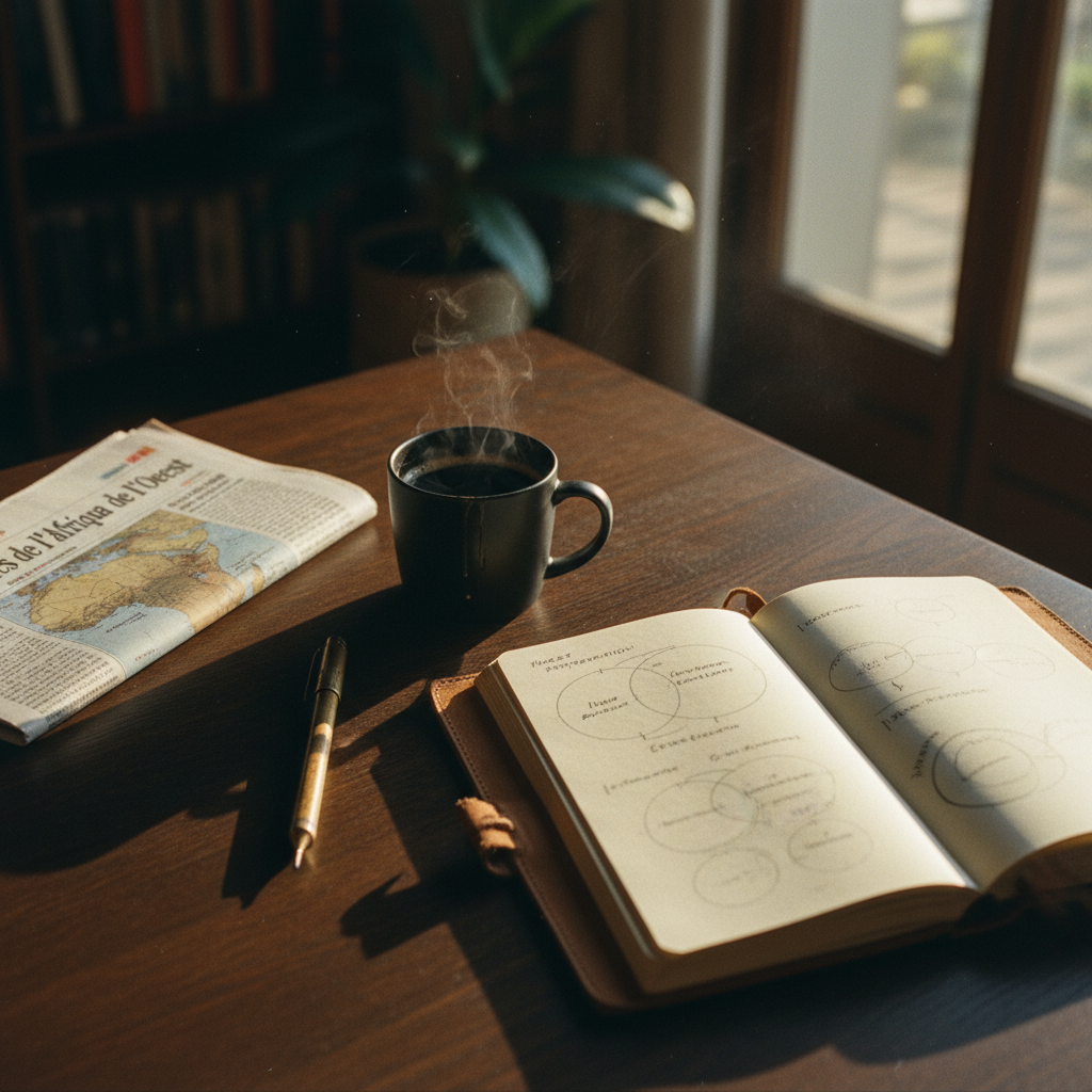 A close-up of a wooden desk with a physical newspaper, a ceramic coffee cup, and a well-used notebook filled with handwritten charts.