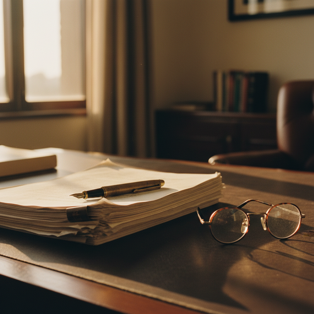 A close-up of a high-end leather briefcase and architectural blueprints on a heavy mahogany desk with warm evening sunlight.