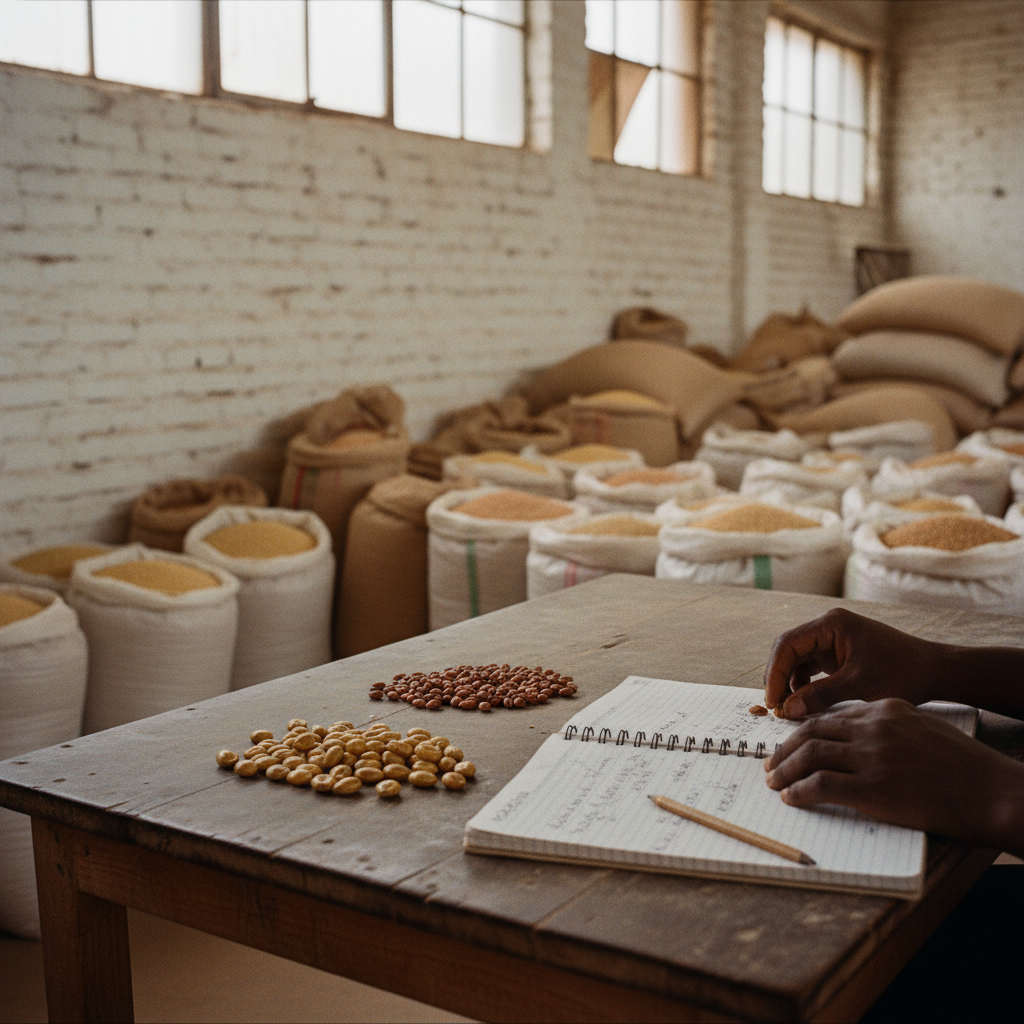 Freshly harvested cocoa beans and grains on a wooden table next to a mechanical weighing scale.