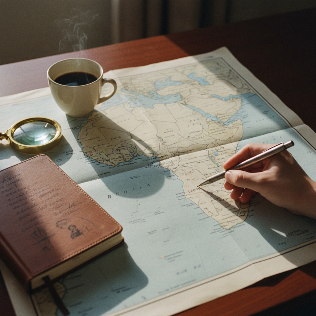Close-up of a hand marking a physical map of West Africa with a graphite pencil amidst architectural blueprints and a vintage compass.