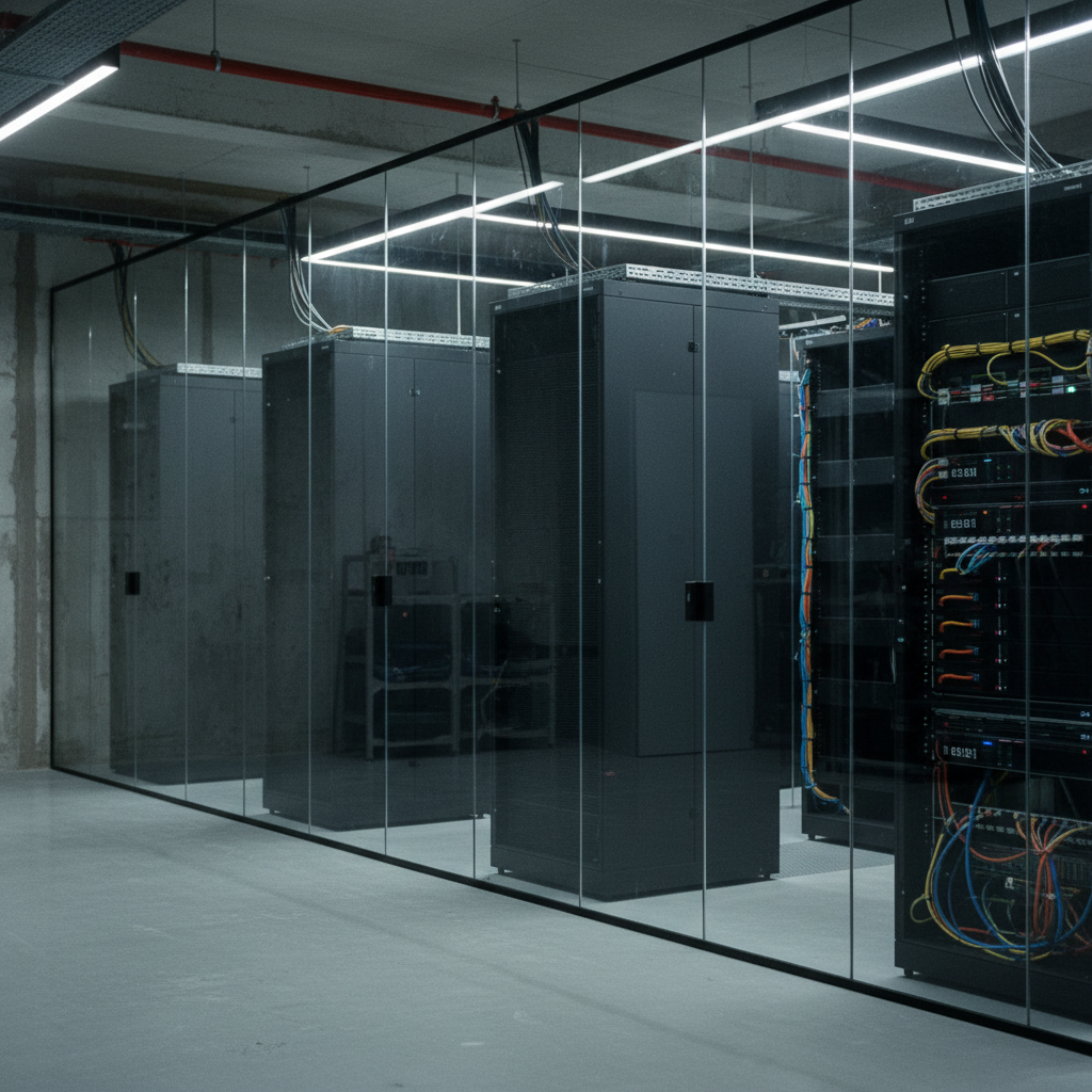 A minimalist view of a modern server room enclosure with glass doors and polished concrete floors.