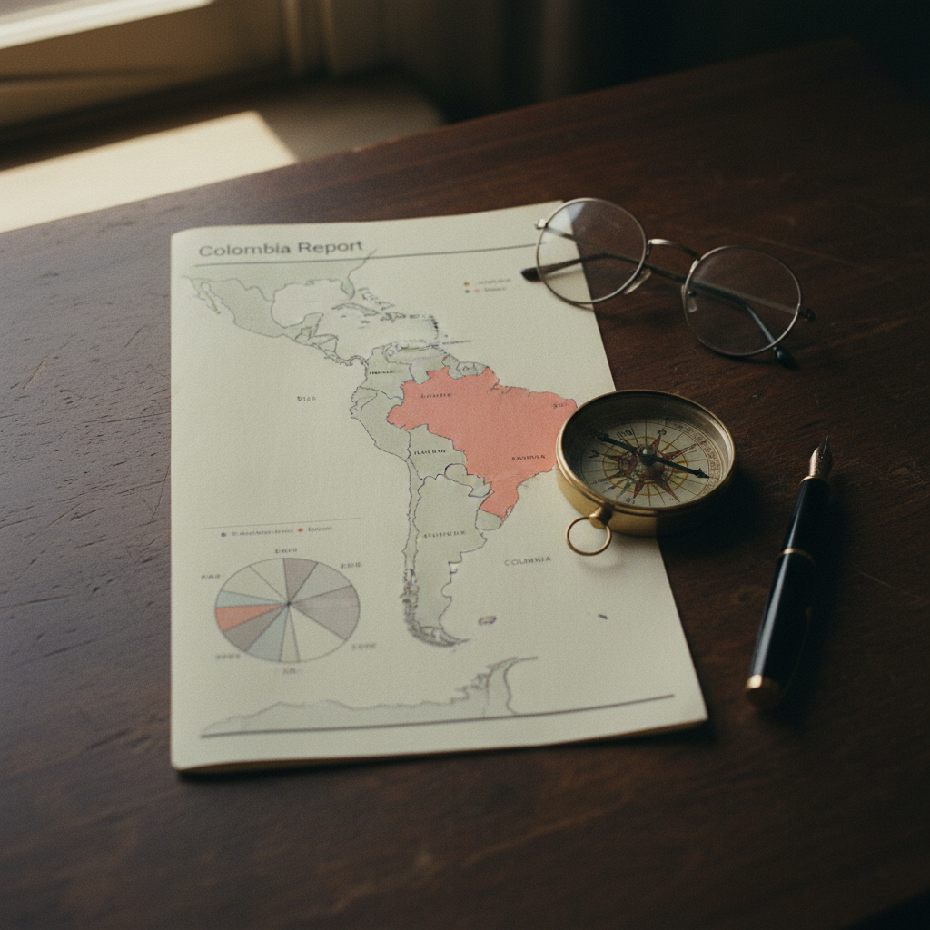 Primer plano de un escritorio de madera con informes impresos de análisis de mercado, un mapa de Colombia y una brújula de latón bajo luz cálida de tarde.