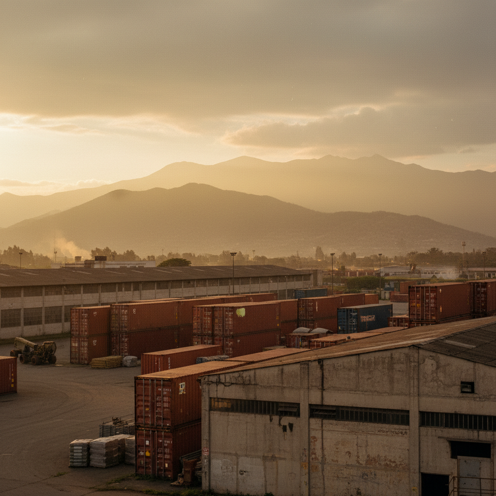 Vista de una zona industrial en las afueras de Bogotá con montañas al fondo, capturada durante la hora dorada.