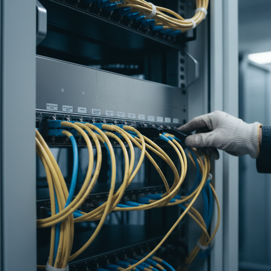 Primer plano de cables de fibra óptica industriales y servidores de metal en un centro de datos en Lagos.