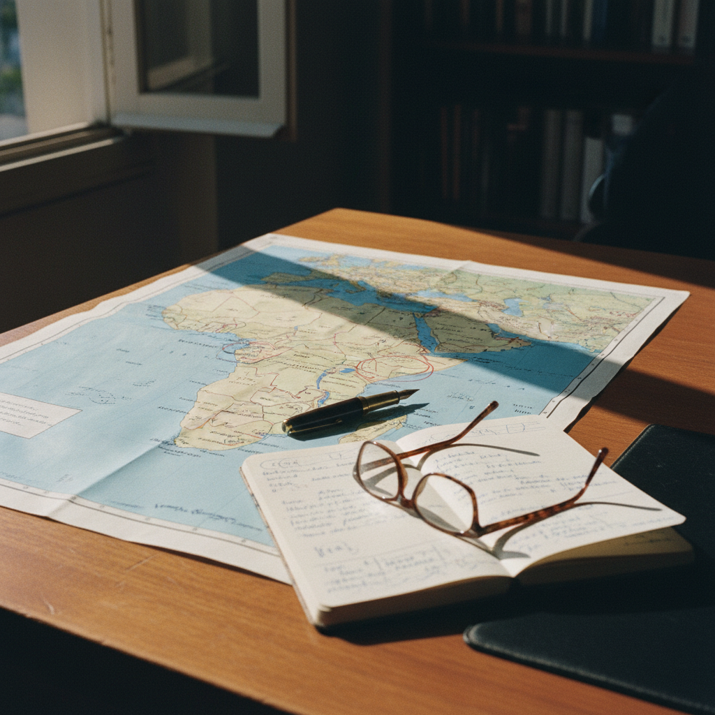 Documentación legal y mapas de conectividad sobre un escritorio de madera.