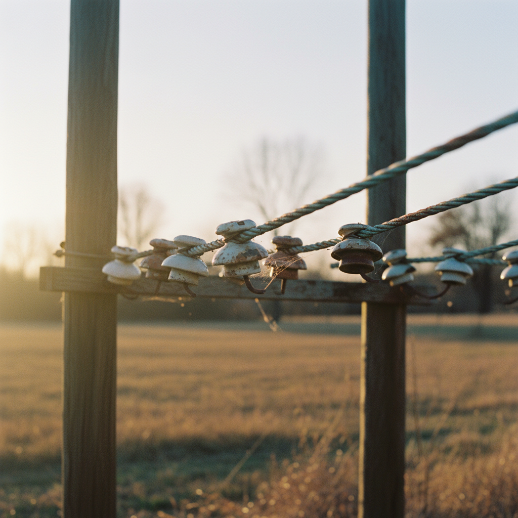 Detailed view of copper telegraph wires and ceramic insulators against a clear blue sky.