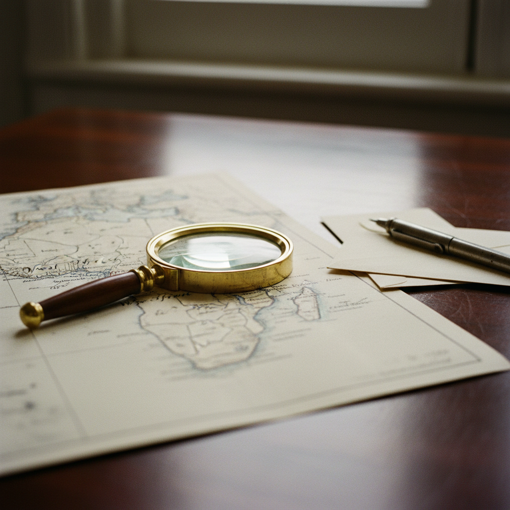 A vintage wooden desk with a stack of telegrams, a brass magnifying glass, and a hand-drawn map of the West African coastline.