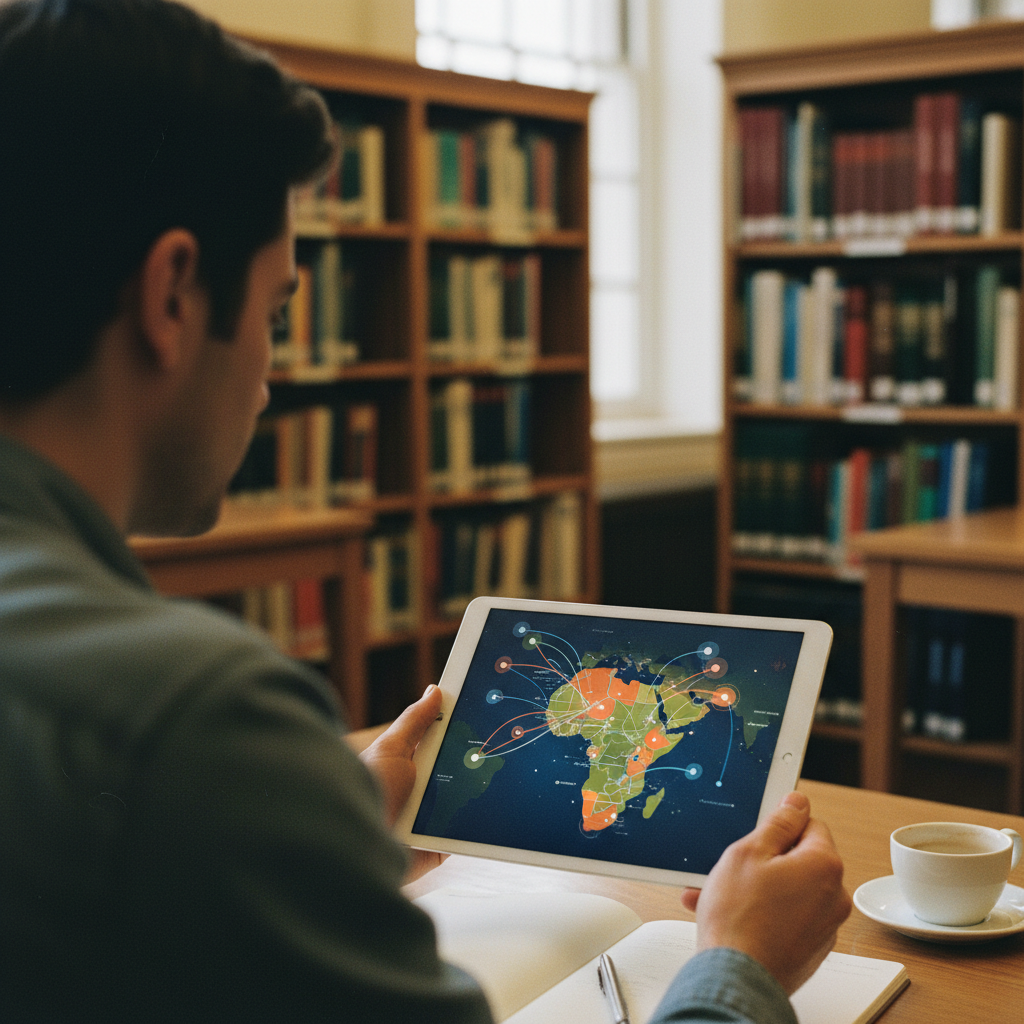 A researcher using a tablet to analyse data visualizations of funding flows into the African tech ecosystem, with academic journals in the background.