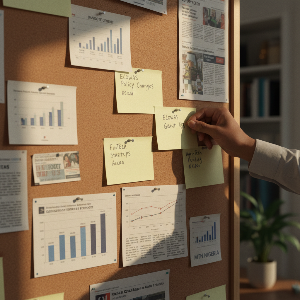 A close-up shot of a well-organized physical dashboard with handwritten notes and printed charts showing venture capital funding trends in West Africa.