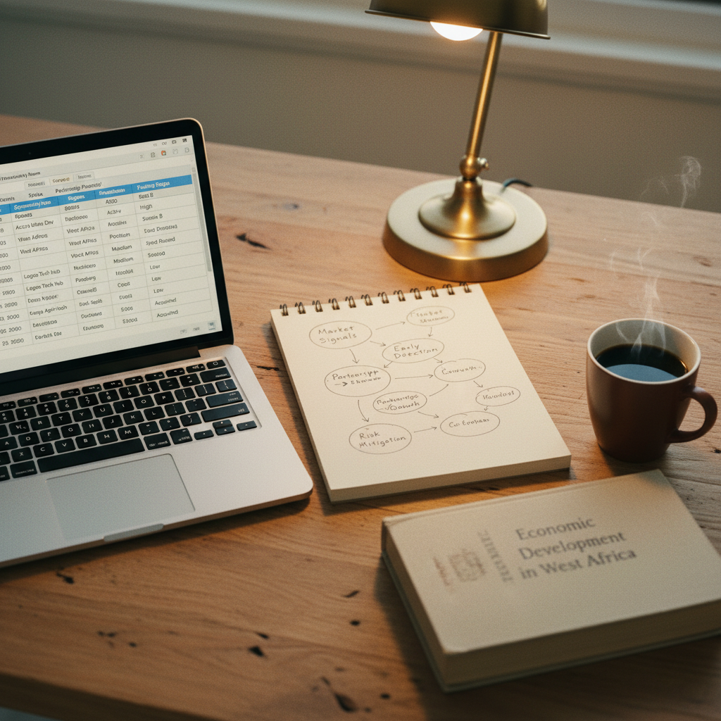 A student's desk showing a laptop open to a spreadsheet for tracking funding opportunities, with notebooks and textbooks on emerging markets nearby.