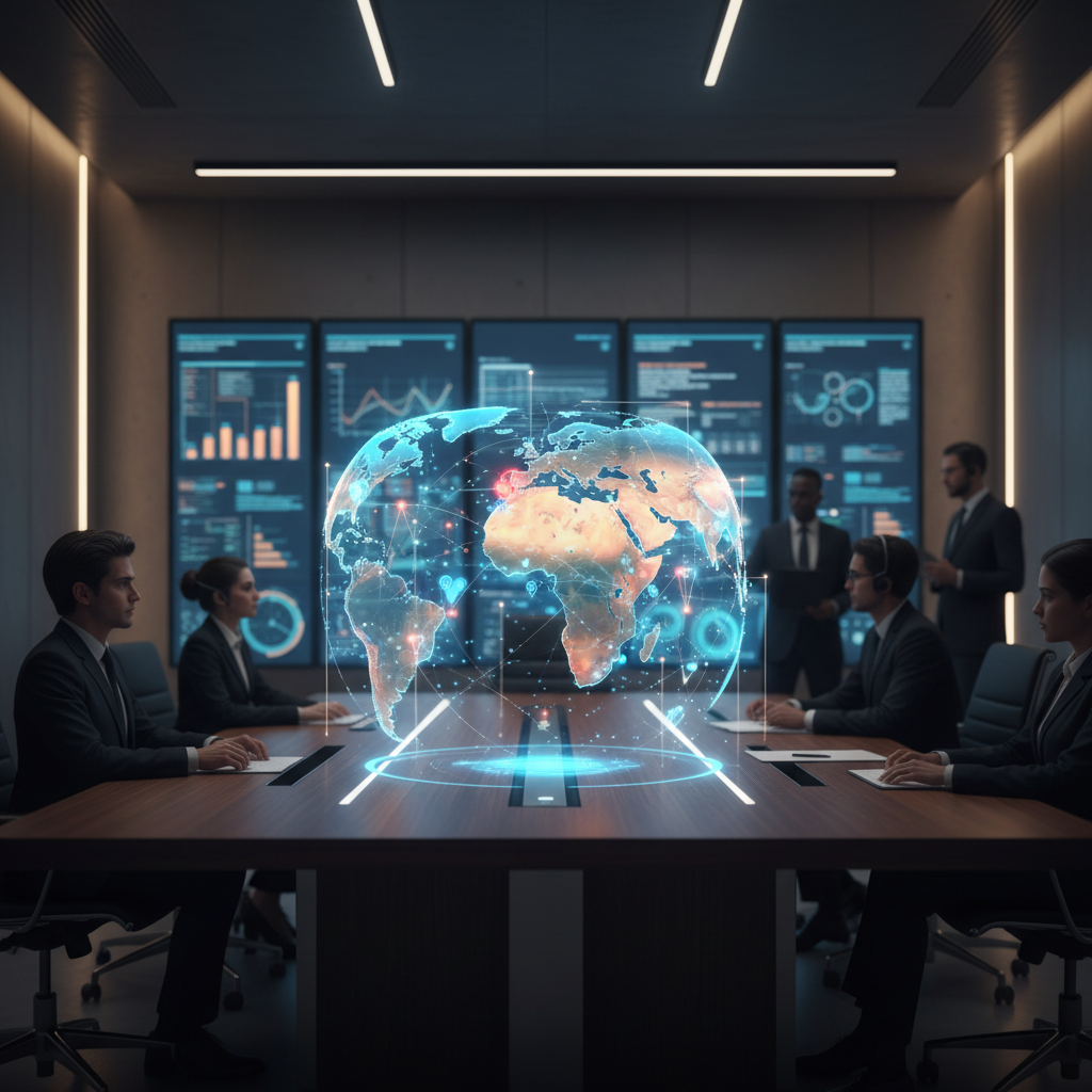 A high-tech control center with large digital displays showing global maps and data visualizations of emerging markets.
