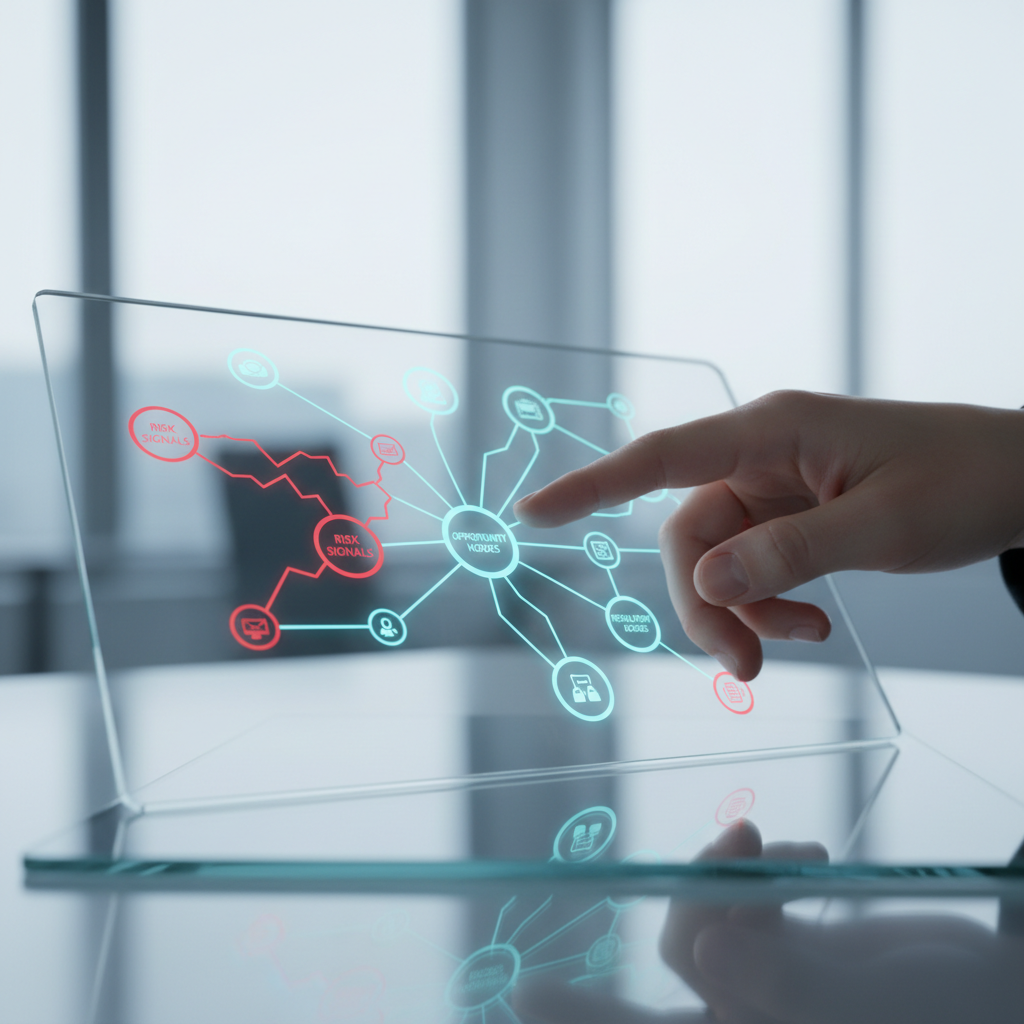 Close up of a professional analyzing interconnected data points on a digital interface representing market signals.