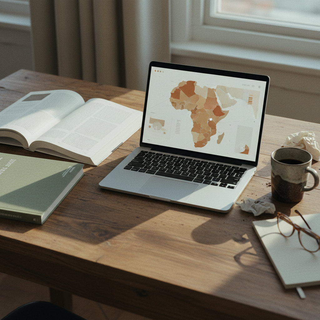 A close-up of a researcher's desk with academic papers on African economies and a laptop showing market data graphs.