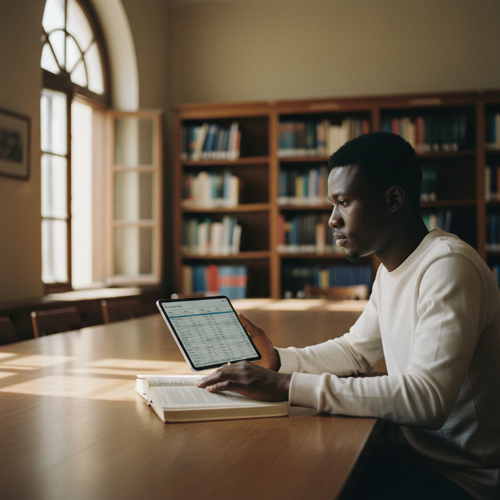 A PhD student in a university library in Ghana, comparing notes on a tablet and in a physical book.