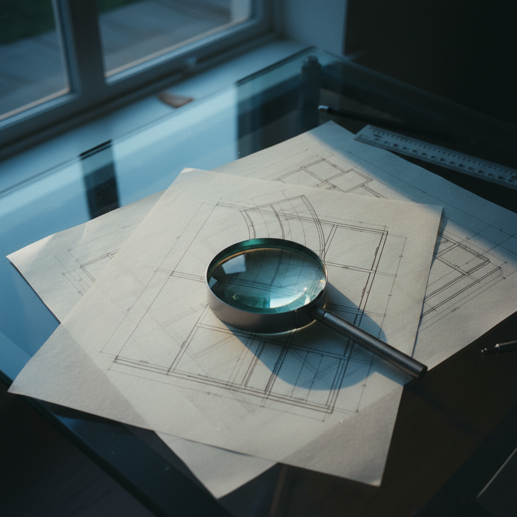 A close-up of a glass drafting table with architectural blueprints and a magnifying glass, reflecting a soft blue evening light.