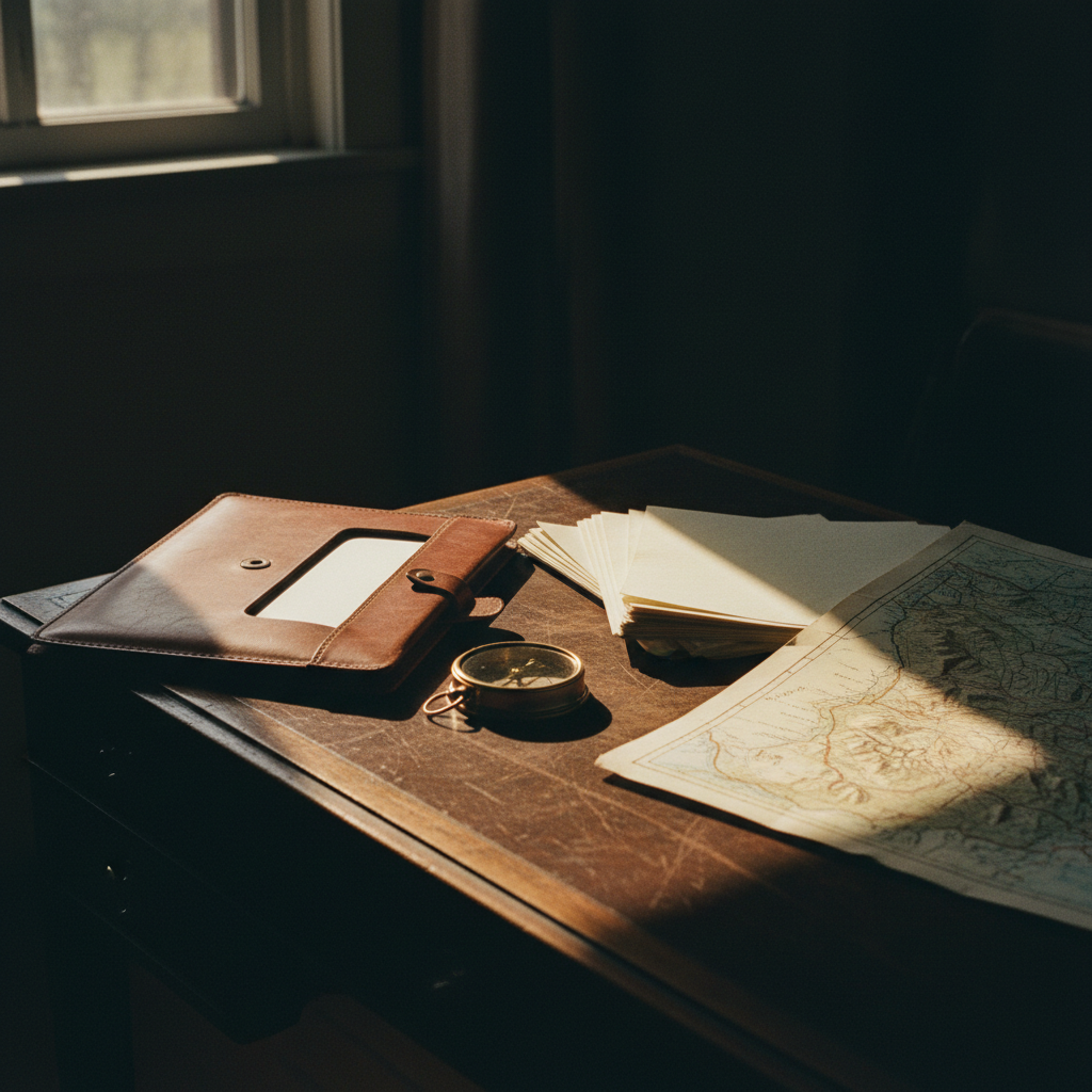 A minimalist desk with an open leather portfolio, a brass compass, and a vintage map of the Atlantic coastline, softly lit by morning sun.