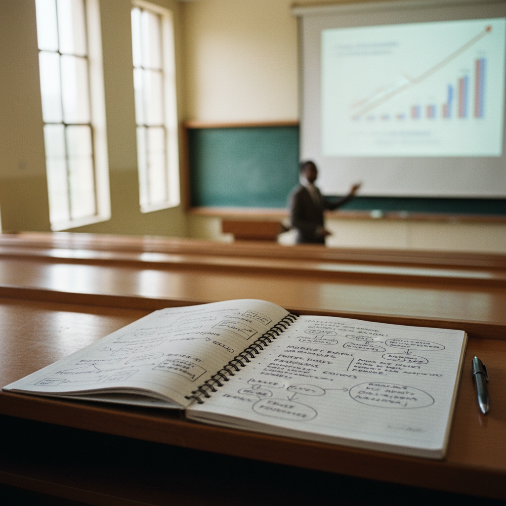 A university lecture hall in Nigeria with students taking notes during a strategic intelligence seminar.
