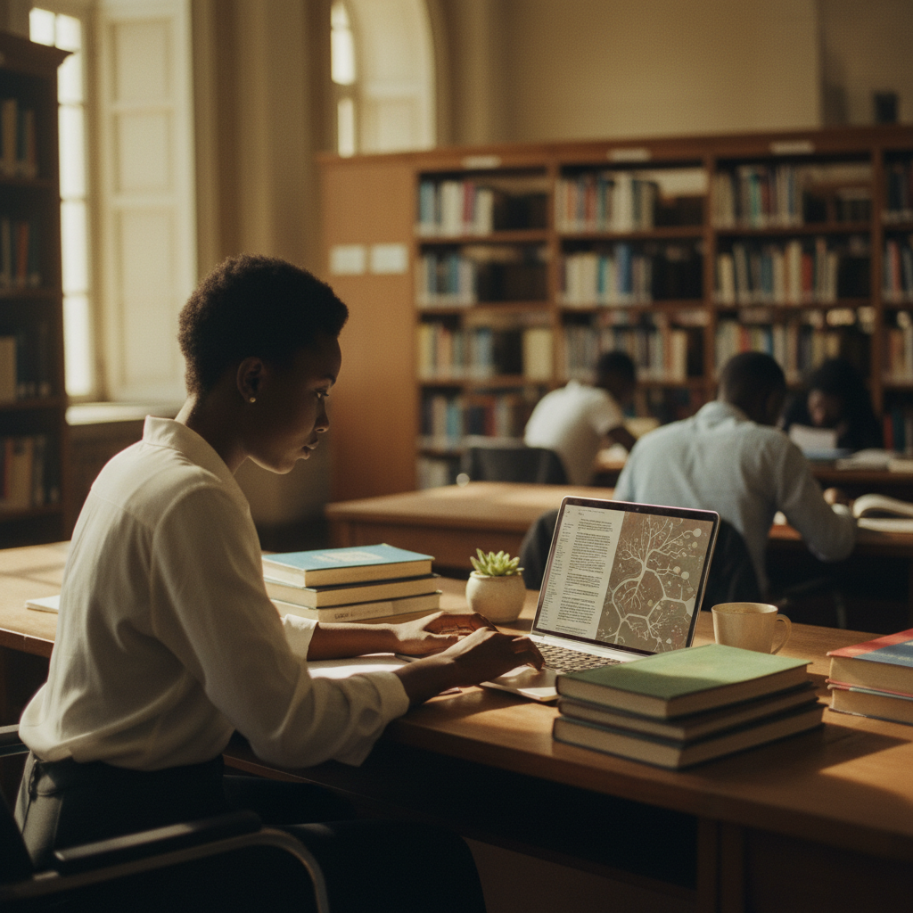 A researcher in a university library using a laptop with an AI thesis writing tool.