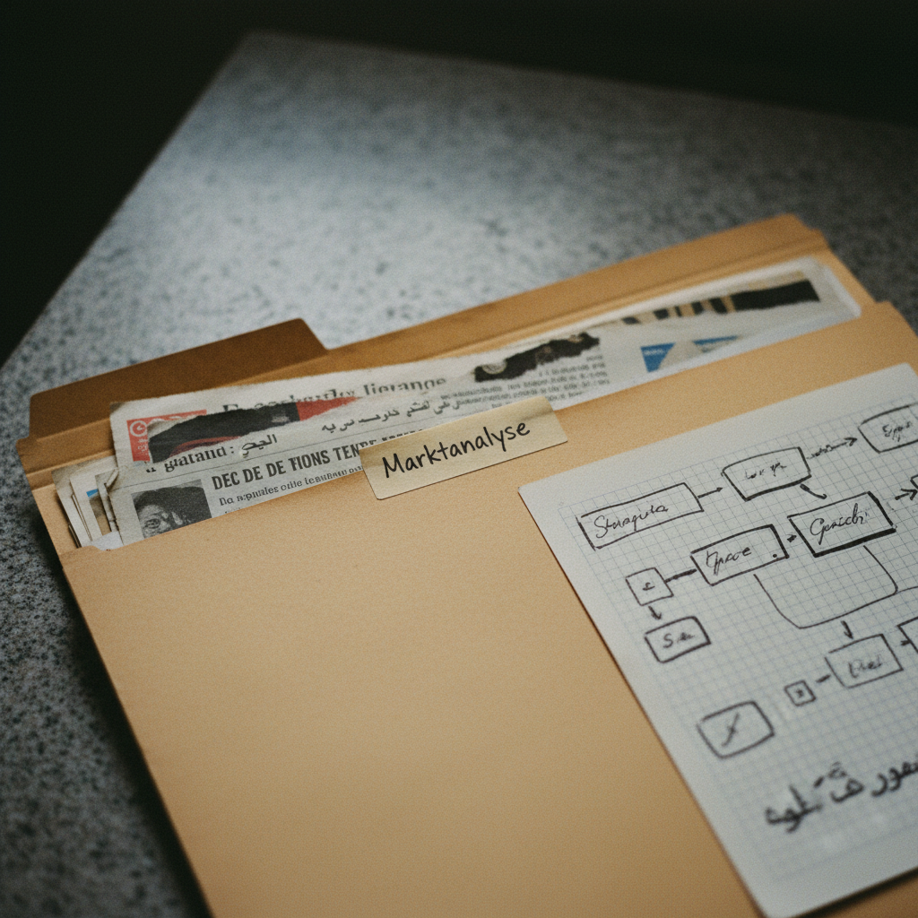 A close-up of a physical archival folder labeled 'Marktanalyse' with various newspaper clippings and handwritten notes tucked inside.