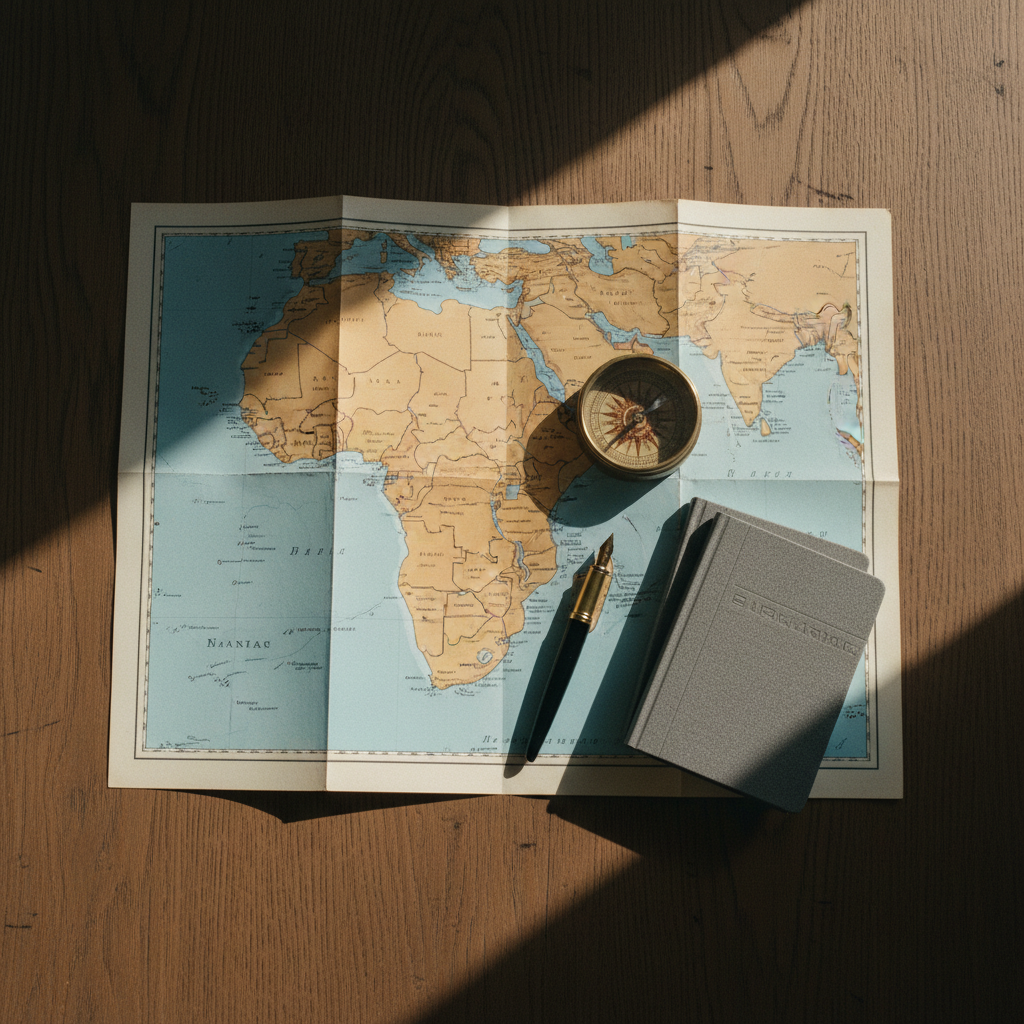 A high-angle shot of a minimalist wooden desk in Berlin, featuring a printed map of West Africa, a compass, and a fountain pen.