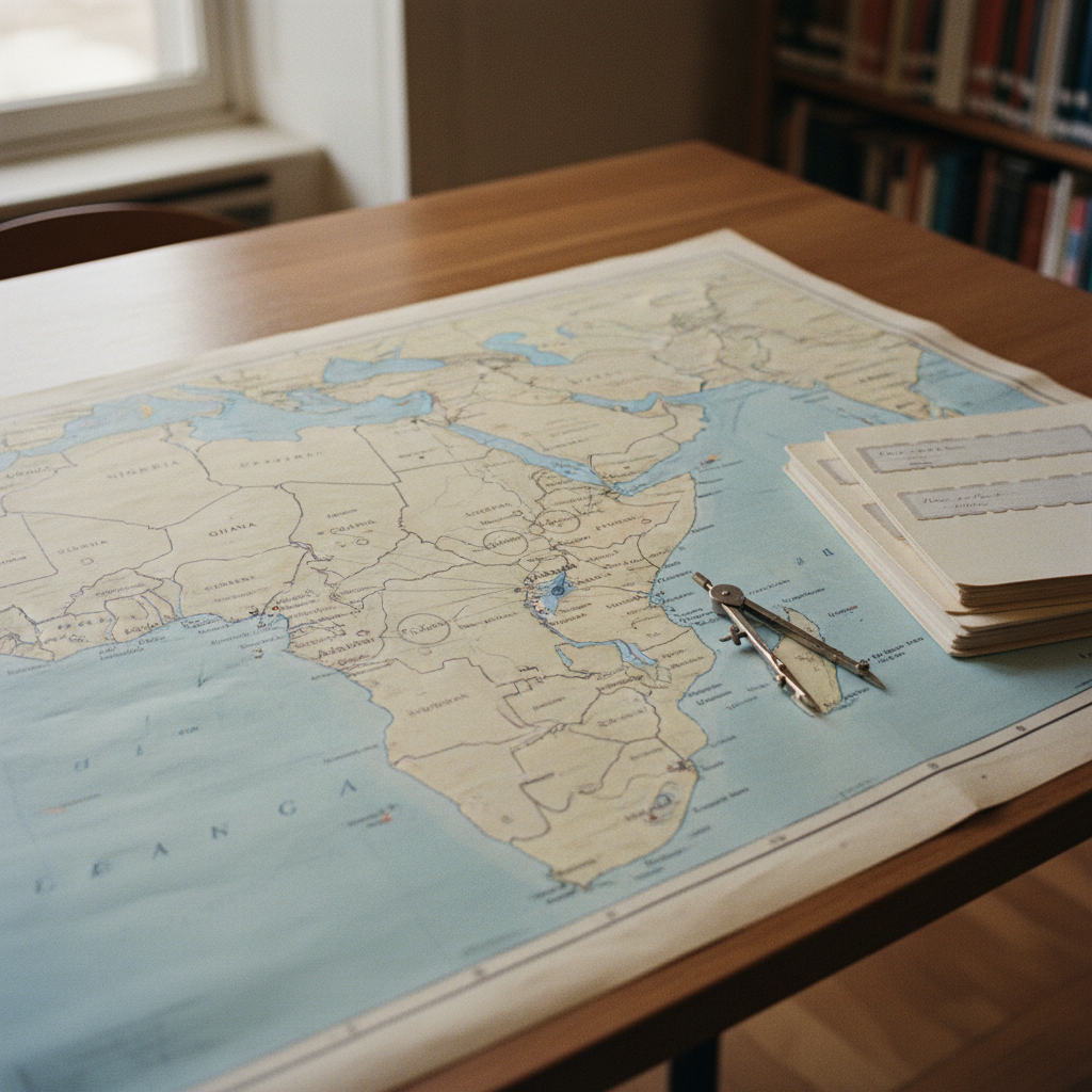 A detailed map of West Africa spread across a drafting table with graphite pencils.