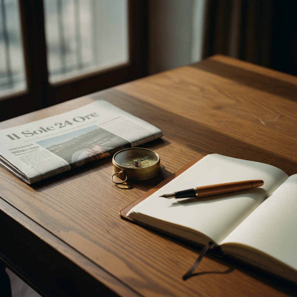 Close-up of a wooden desk with a vintage Italian newspaper and a compass.