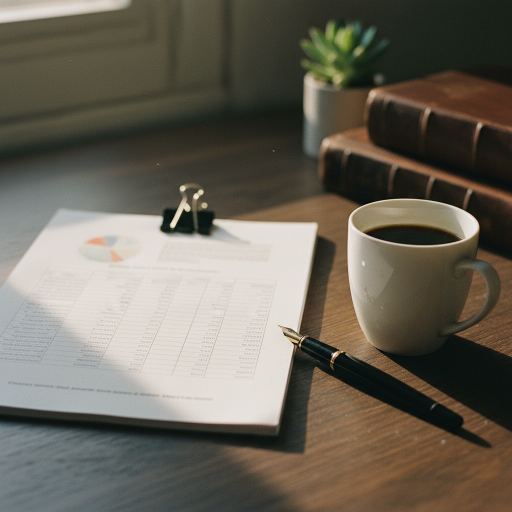 A close-up of a printed market intelligence report on a wooden desk, with a fountain pen and a cup of coffee nearby.
