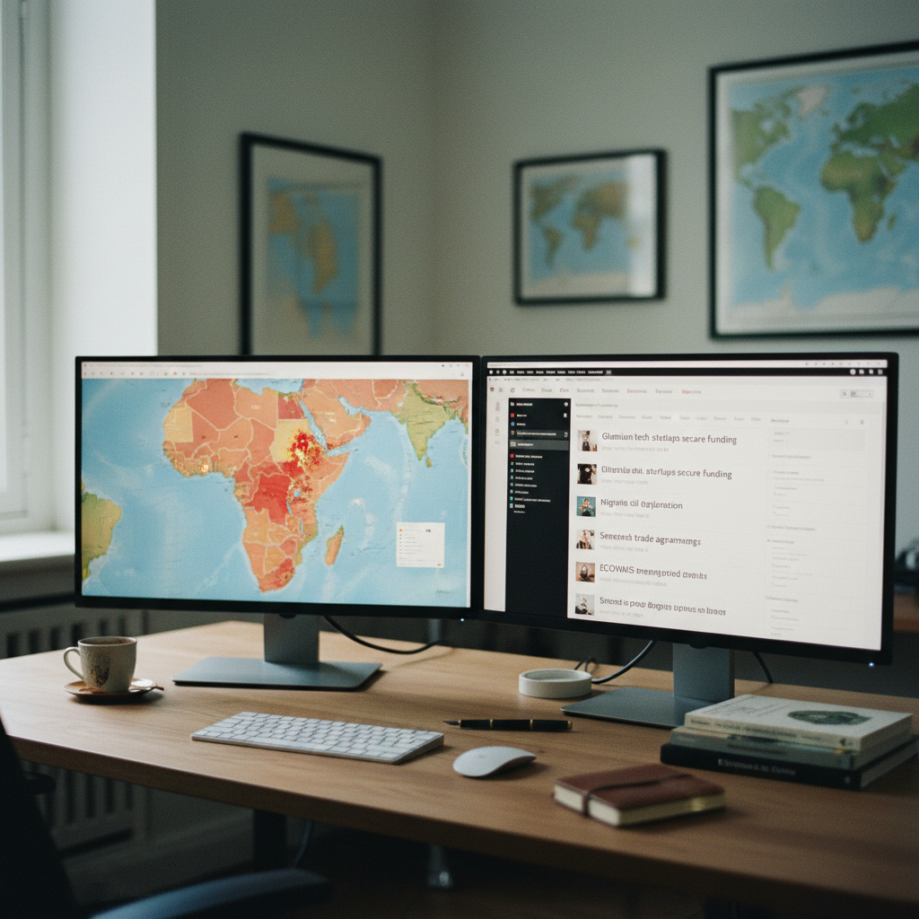 A researcher's desk with multiple screens showing data from African markets.