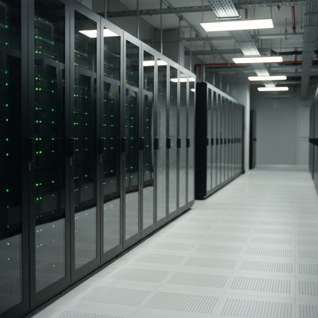 A row of modern server racks in a clean, temperature-controlled facility.