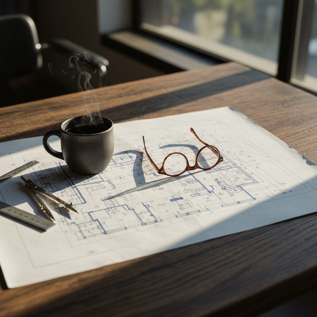 A professional workspace with a technical blueprint and a traditional Mexican coffee mug on a dark wooden table.