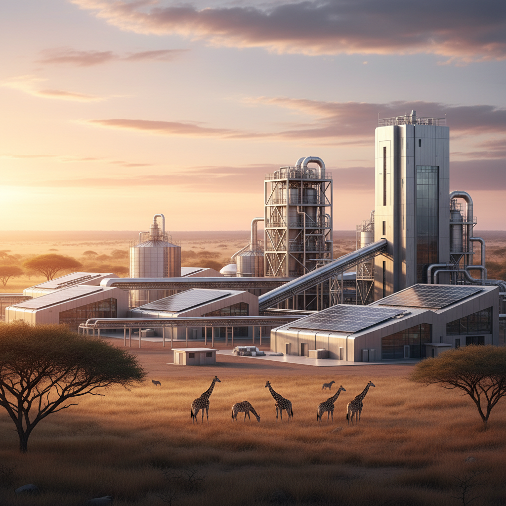 A modern industrial mineral processing facility in an African landscape under a bright sky.