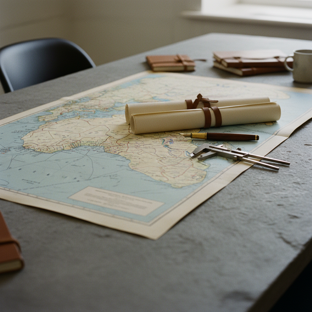 A large-scale map of West Africa laid out on a table with architectural blueprints and a pair of steel calipers.