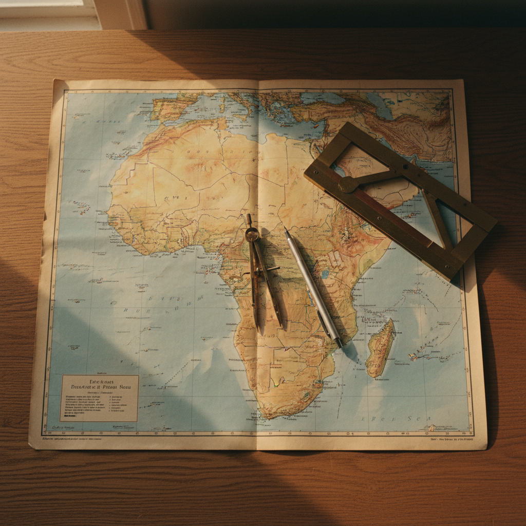 A high-angle view of professional drafting tools, a topographic map of the East African coastline, and a pair of brass calipers on a heavy wooden desk.