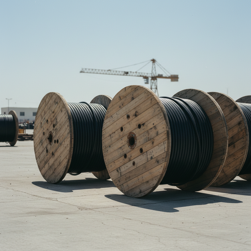 Industrial fiber optic cable drums stacked in a shaded outdoor storage area with high-contrast sunlight.