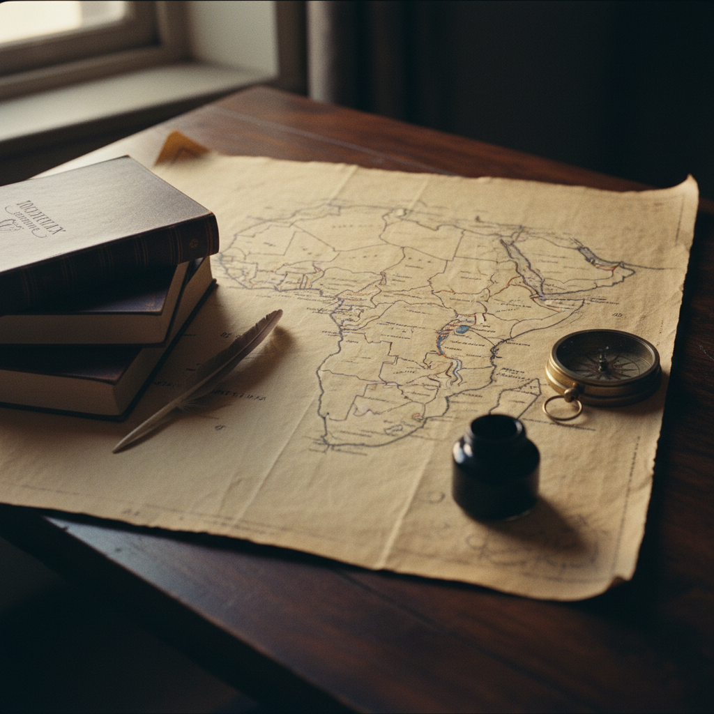 A detailed map of the African continent laid out on a heavy oak table, with brass dividers and fountain pens resting on its surface.