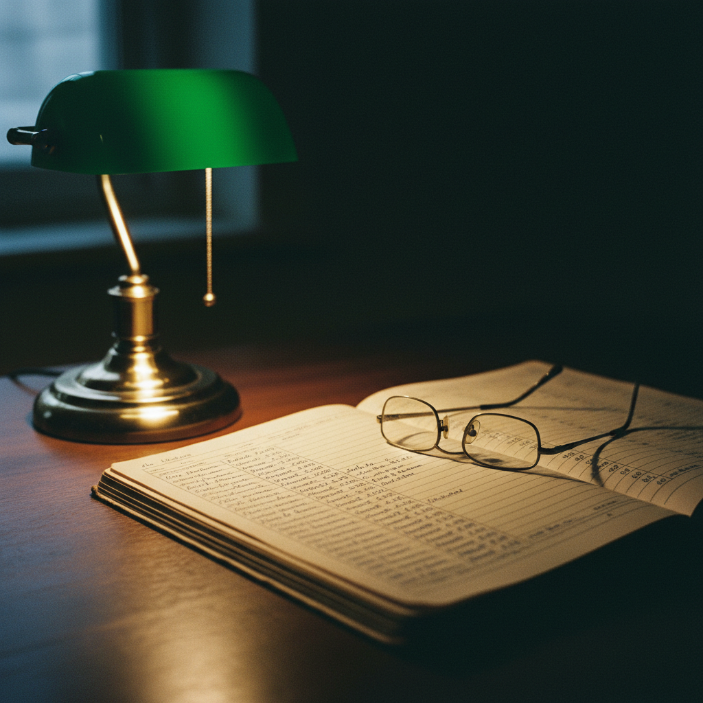 A vintage analytical ledger showing columns of handwritten figures and financial data under a green shaded desk lamp.