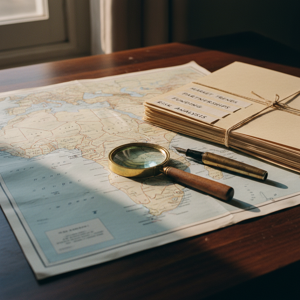 A close-up of a desk with a physical map of the Gulf of Guinea and handwritten notes.