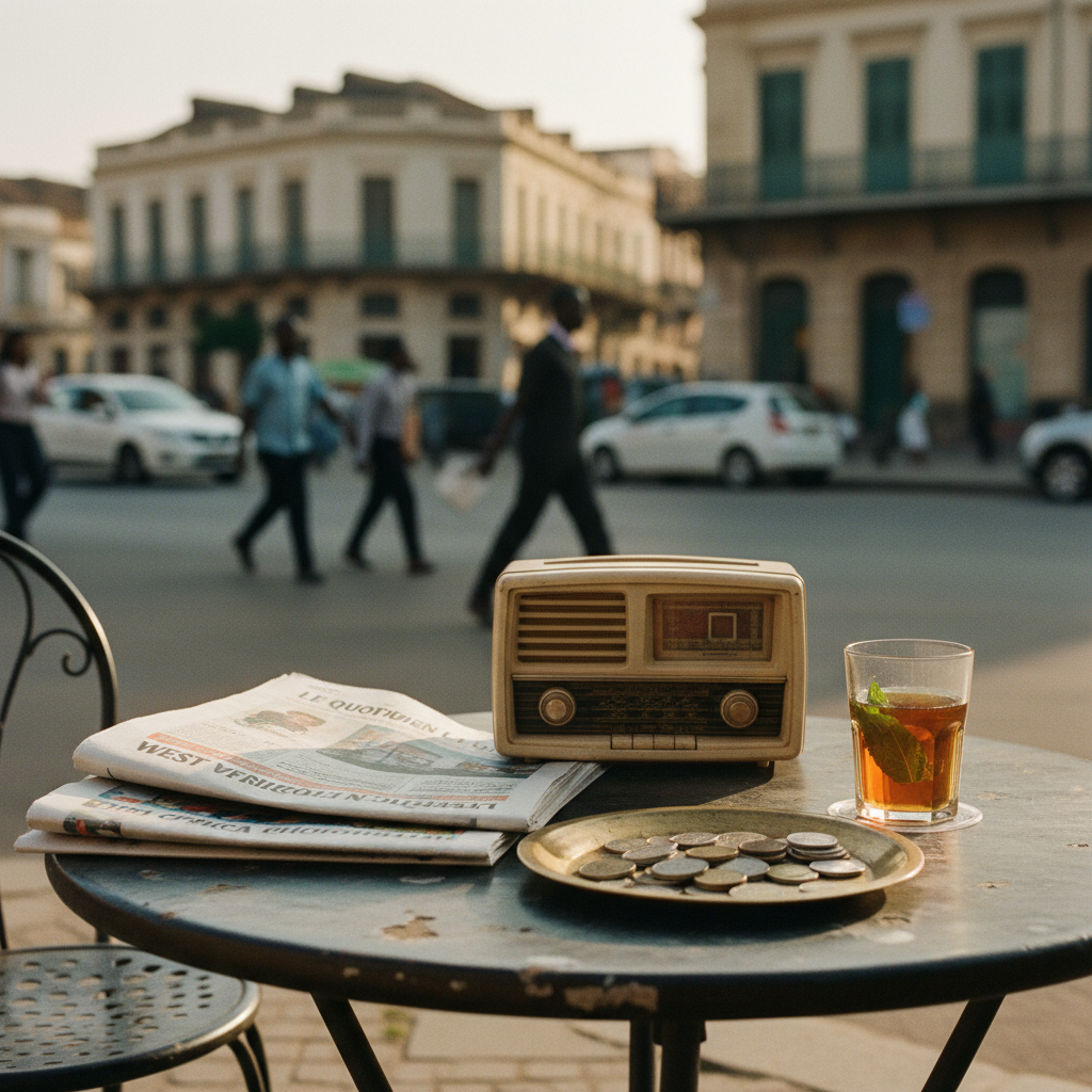 Stacks of local newspapers and a transistor radio on a cafe table.