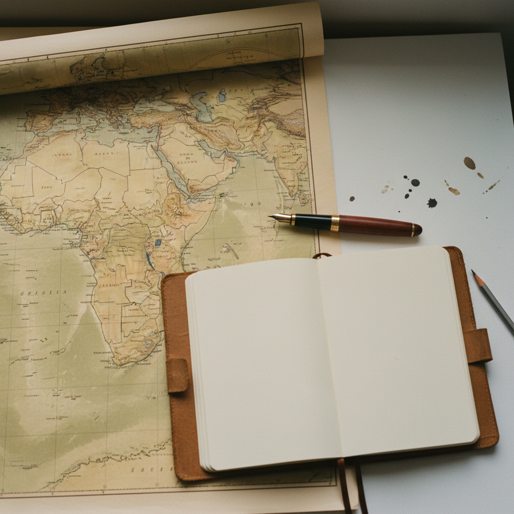 A minimalist workspace featuring a high-quality map of the African continent and professional stationery.