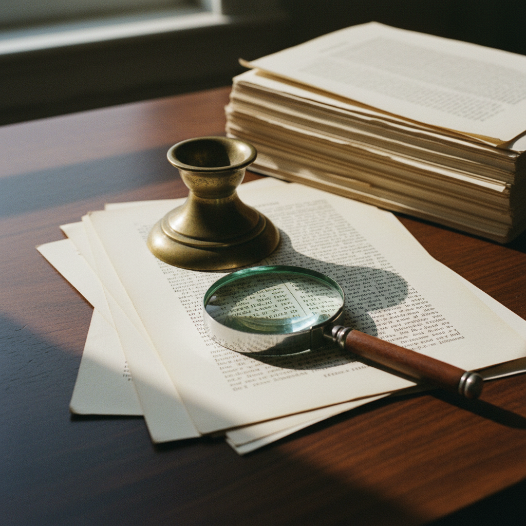 A heavy wooden desk with stacked legal documents, a silver magnifying glass, and a soft morning light through a window.