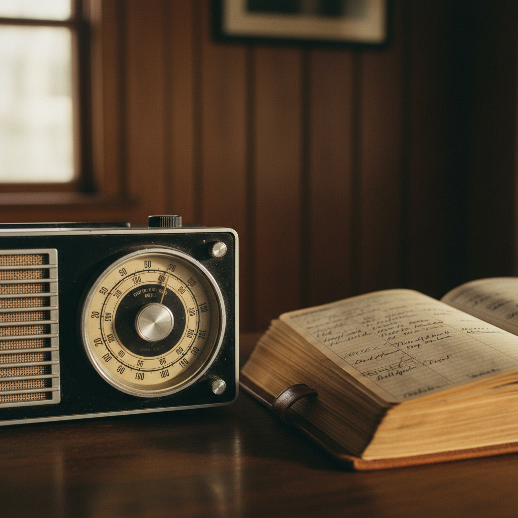A close-up of a shortwave radio dial and a handwritten ledger on a textured desk.
