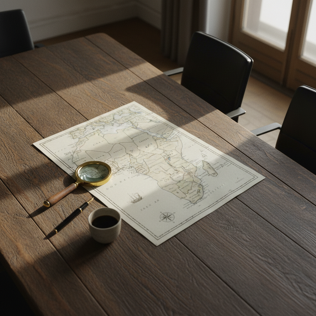 An overhead shot of a wooden boardroom table with a vintage map of the West African coastline, a brass magnifying glass, and a fountain pen.