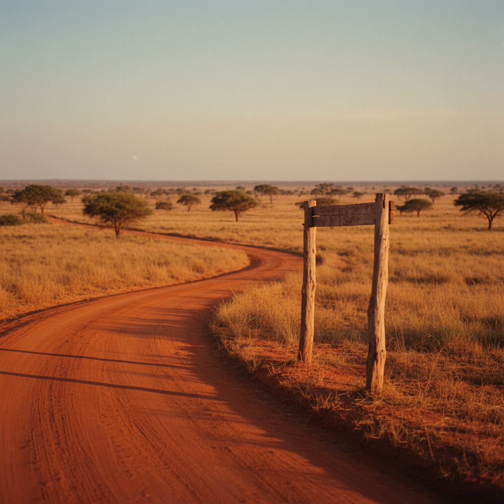 A vast, dusty landscape in the Sahel at dusk with a single dirt road stretching toward the horizon.
