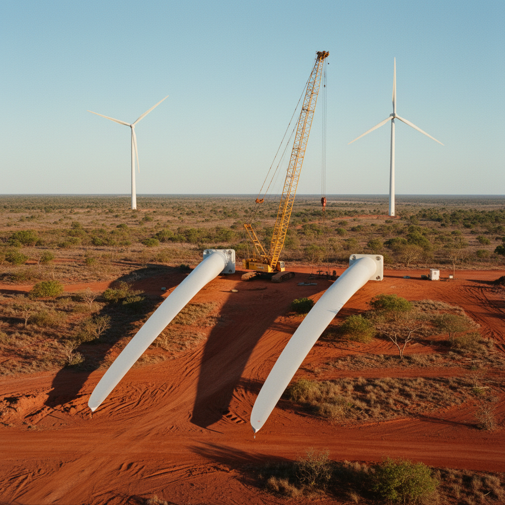 A high-angle shot of a large-scale wind farm construction site in Northeastern Brazil, showing heavy machinery and turbine components on red soil.